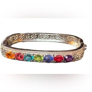 Silver-Plated Filigree Bangle Bracelet with Multi-Color Colorful Stones